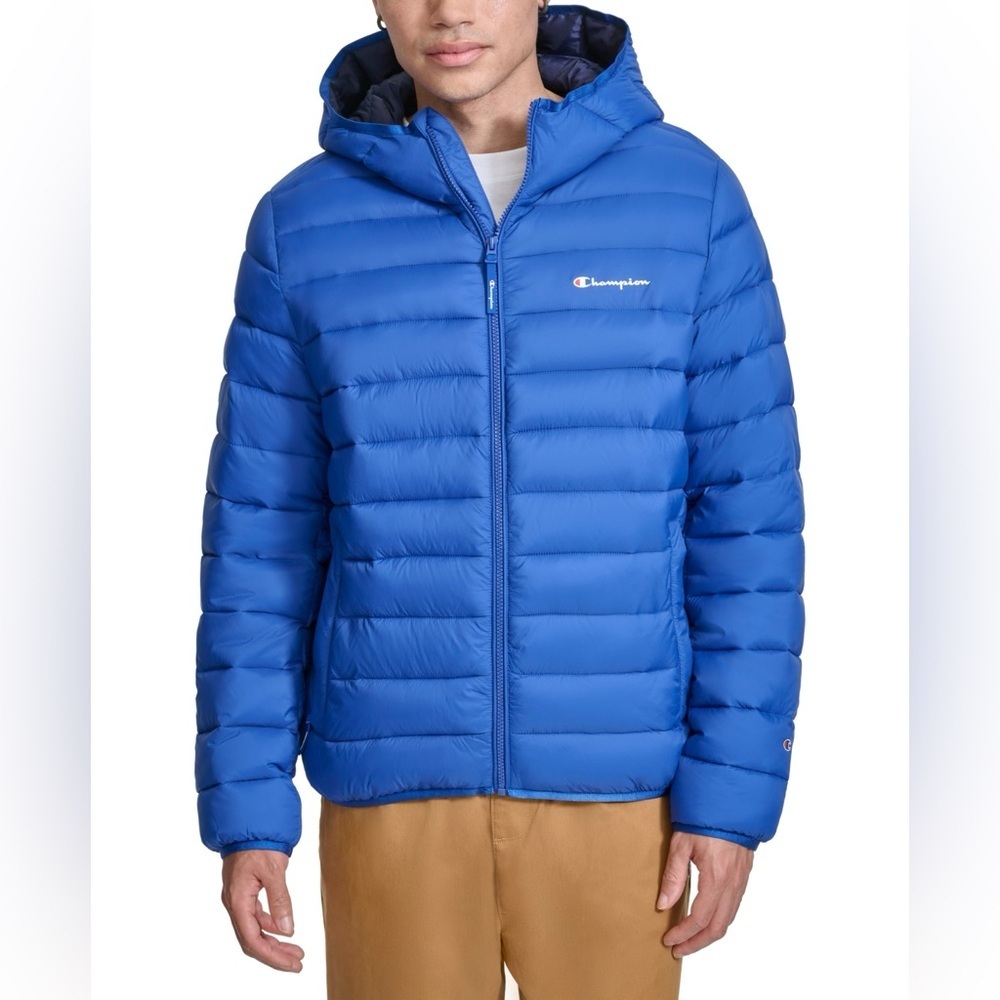 New Champion Men’s Puffer Jacket Coat with Hood Size Small Vibrant Blue